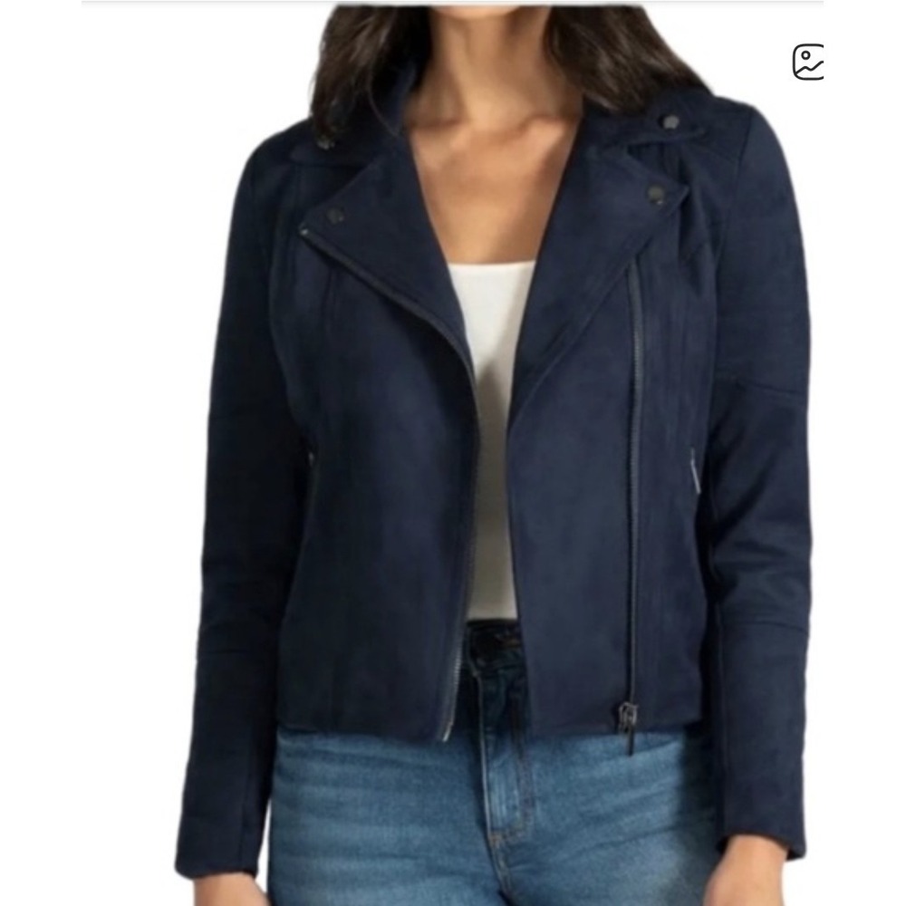KUT From The Kloth Faux Suede Moto Jacket Blue Size M‎ Asymmetrical Zip Biker